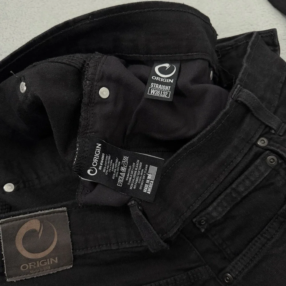 Origin Jeans Mens 36x32 Black Straight Fit Denim Stretch Waist Made In USA